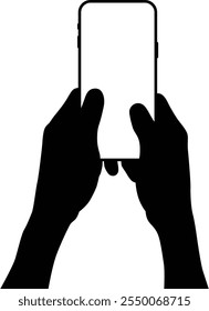 Hand holding phone silhouette illustration. People holding smartphone isolated on white