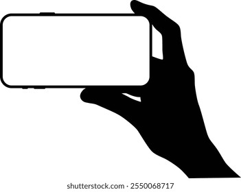 Hand holding phone silhouette illustration. People holding smartphone isolated on white