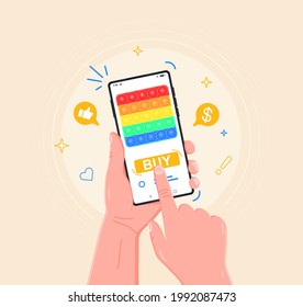 Handheld-Telefon mit einfachem Dump auf dem Bildschirm. Online bestellen Sie neue beliebte Anti-Stress-Spielzeug. Schöner Handstil mit Telefon. Konzept des Online-Shops. Vektorgrafik.