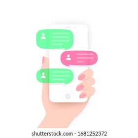 Hand holding phone, smartphone chat, send messages, colored bubbles, flat design isolated on white.