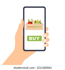 Hand holding phone. Smartphone screen with page buy box with vegetables, vector illustration