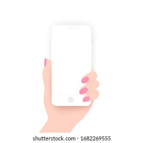 Hand holding phone, smartphone. Vector Blank screen mockup, template isolated on white.