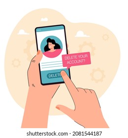 Hand holding phone with social media profile and delete button. Woman deleting account from online network flat vector illustration. Technology or internet addiction concept for banner or landing page