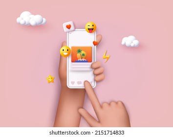 Hand holding phone with social media app. Smartphone with interface post on social network. 3D Web Vector Illustrations.