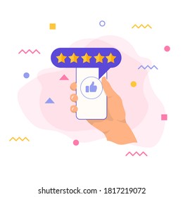 Hand holding phone and stars rating feedback review. Rating evaluation over mobile phone social media concept of user opinion. Flat style vector. Vector illustration.