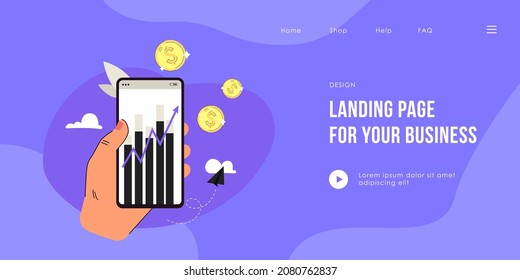 Hand holding phone with statistics flat vector illustration. Finance, money, success, growth curve concept for banner, website design or landing web page