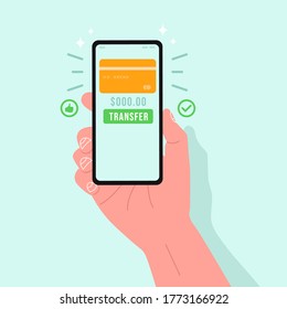 Hand holding phone with success transaction or success process payment for buying item in online shop. Website, business, banner design Concept Illustration