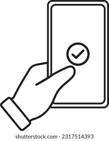 Hand is holding a phone. Successful operation message, confirmation icon flat vector illustration.