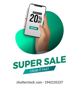 hand holding phone for super sale social media template. advertising marketing promotion for discount product at commerce
