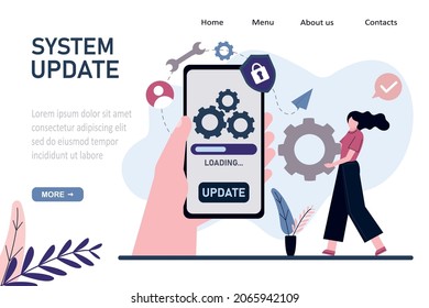 Handheld-Telefon mit Systemaktualisierung. Vorlage, Zielseite. Cartoon Mädchen trägt Ausrüstung. Verbesserung ändern Sie die neue Version. Smartphone-App mit Laden. Installation des Aktualisierungsprozesses. Vektorgrafik
