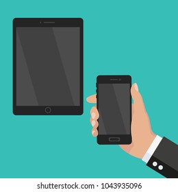 hand holding phone and tablet. flat style vector illustration