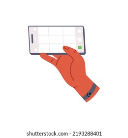 Hand holding phone and takes a photo. mobile photography . Flat vector illustration isolated on black background