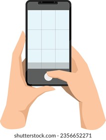 Mano sosteniendo el teléfono, sacando foto móvil. Haciendo fotografía con cuadrícula en la pantalla del smartphone. Usando la cámara para grabar, grabar video. Ilustración vectorial gráfica plana aislada en fondo blanco