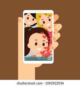 Hand holding phone, talking with people, looking at the screen. Smartphone call screen with friends, family, relatives. Chatting, texting, video call. Likes in social media. Flat cartoon vector