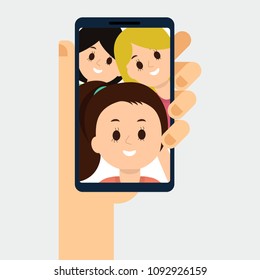 Hand holding phone, talking with people, looking at the screen. Chat, video call. Smartphone call screen with friends, family, relatives. Flat vector cartoon illustration.