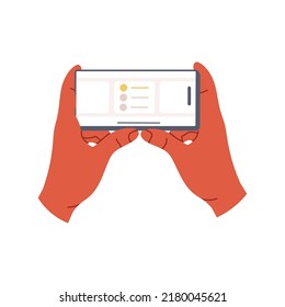 Mano sosteniendo el teléfono con la aplicación de seguimiento de tareas. Uso de la pantalla de smartphone con la aplicación para la lista de tareas pendientes. Ilustración vectorial plana aislada en fondo blanco