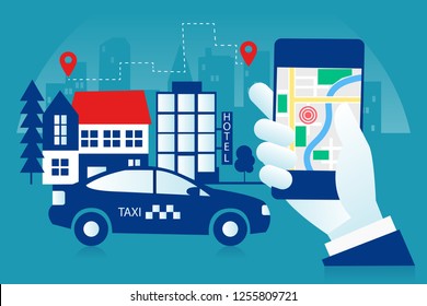 Hand holding phone, taxi app tracking sistem on it. Urban surroundings landscape, street city. Trip, travel, modern transport vehicle. Eps Vector illustration Minimalist white blue flat business style