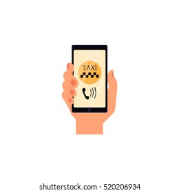 Hand holding phone with taxi calling app, cartoon vector illustration isolated on white background. Calling taxi service by phone concept