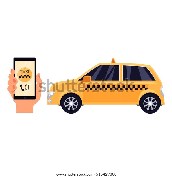 Hand holding phone with taxi\
calling app and a yellow taxi, cartoon vector illustrations\
isolated on white background. Calling taxi service by phone\
concept