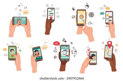 Hand Holding Phone Text Messaging, Watching Video, Purchasing Using Internet Vector Set
