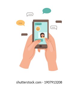 Mensajería de texto de teléfono de mano y charla en aplicación mediante ilustración de vectores de Internet