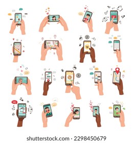 Hand Holding Phone Text Messaging, Watching Video, Purchasing Using Internet Big Vector Set