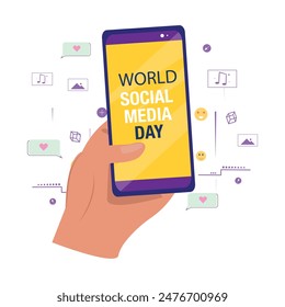 Hand holding phone with text World Social Media Day, icons around it. Internet, social media, phone usage concept illustration