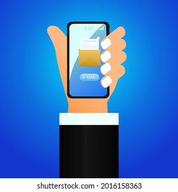 La pantalla táctil de la mano que sostiene el teléfono recibe mensajes de correo electrónico en línea sobre fondo azul.la mano del empresario que sostiene el teléfono.mensajes en línea.concepto de red diseño vectorial.uso para diseño web y banner.