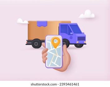 Hand holding phone with tracking delivery app. Online delivery service concept, online order tracking, delivery home and office. 3D web Vector Illustrations.