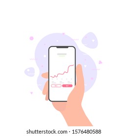 hand holding phone trading analytics interface template app. sell and buy bid graphic statistic screen. flat style vector for application or advertising digital marketing. isolated white background.