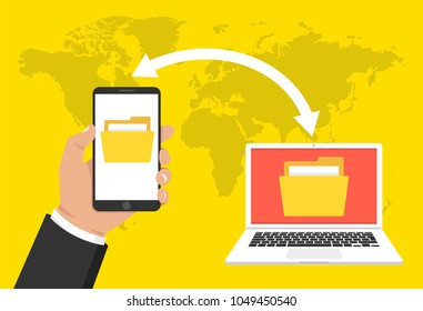 Hand holding phone and transferred documents to laptop. File transfer concept. Vector illustration.