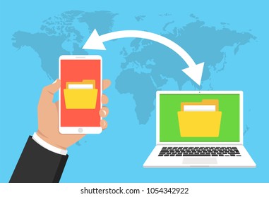 Hand holding phone and transferred documents to laptop. File transfer concept. Vector illustration.