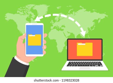 Hand holding phone and transferred documents to laptop. File transfer concept. Vector illustration.