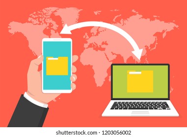 Hand holding phone and transferred documents to laptop. File transfer concept. Vector illustration.