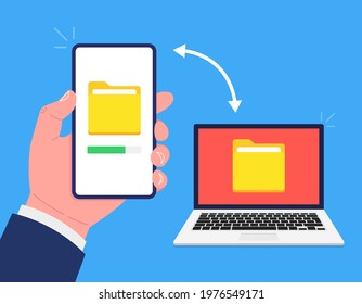 Hand holding phone and transferred documents to laptop. Document migration. File transfer concept. Vector.