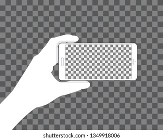 Hand holding phone, transparent background for your design. Horizontal position. Blank touch screen. Vector illustration