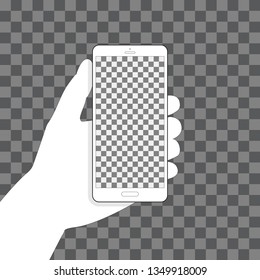 Hand holding phone, transparent background for your design. Vertical position. Blank touch screen. Vector illustration EPS 10