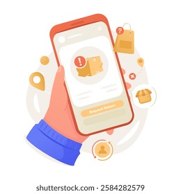 Hand holding phone with ui screen page of package return request, Order package rejected, Vector illustration