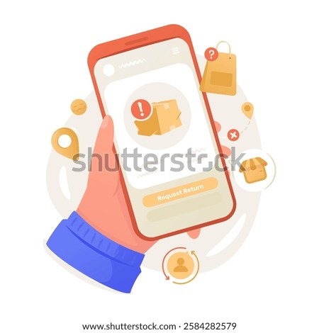 Hand holding phone with ui screen page of package return request, Order package rejected, Vector illustration