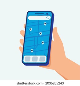 Hand holding phone using map app illustration concept flat vector. Suitable for many purposes.
