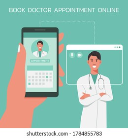 hand holding phone and using mobile app to book doctor appointment online, healthcare, medical and technology concept, flat vector illustration