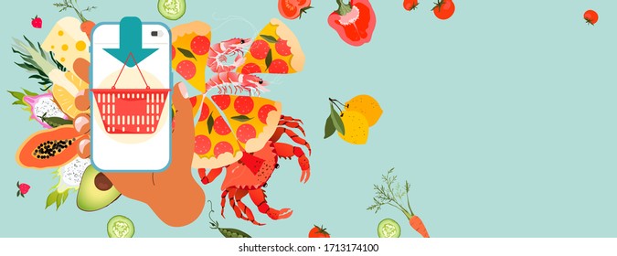 Hand holding phone and variety of food elements. Online food shopping banner. Local market and grocery shop. Online food purchase. Food delivery services. Trendy hand-drawn vector banner design.