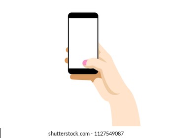 The Hand holding phone. Vector Illustration template. The hand with a gadget isolated on white background.