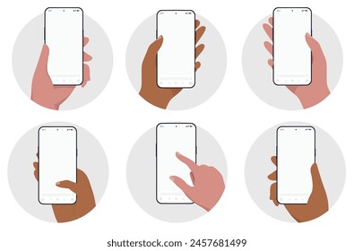 Hand holding phone vector mockups - Template illustration of mobile phones in oval frames with diverse hands using smartphones with blank empty screen in flat design front view design graphic