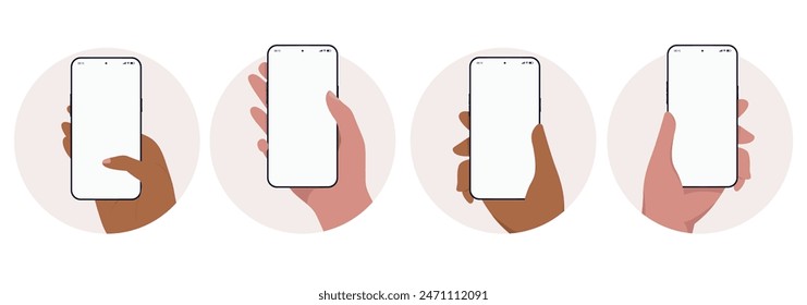 Hand holding phone vector mockups - Template illustration of mobile phones in oval frames with diverse hands using smartphones with blank empty screen in flat design, front view design graphic