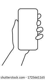 Hand holding a phone in vertical position. Blank screen smartphone for message or photo. Vector illustration in outline style.