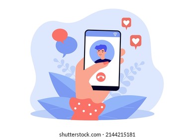 Hand holding phone with video call with cartoon person on screen. Girlfriend video calling boyfriend via smartphone flat vector illustration. Technology, communication, family concept for banner