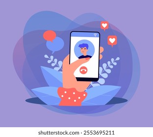 Hand holding phone with video call with cartoon person on screen. Girlfriend video calling boyfriend via smartphone flat vector illustration. Technology, communication, family concept for banner