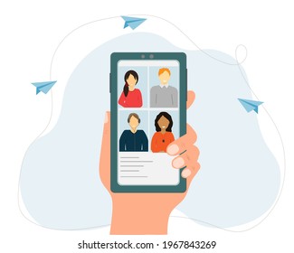 A hand holding phone, video chart at the mobile phone, web conference  concept, people at the screen of the phone,  flat vector illustration