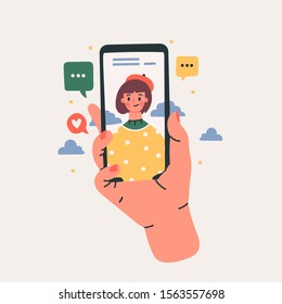 Hand holding phone with video chat girl. Typing, likes. Communication, social networking concept. Stylized hand drawn vector illustration for Mobile Application or web sites and banner design